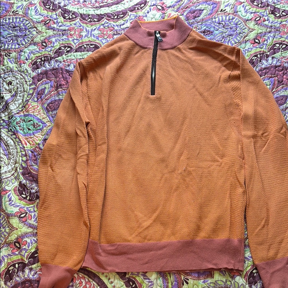 Peter Millar Orange Zip Up Sweater with Stand-Up Collar